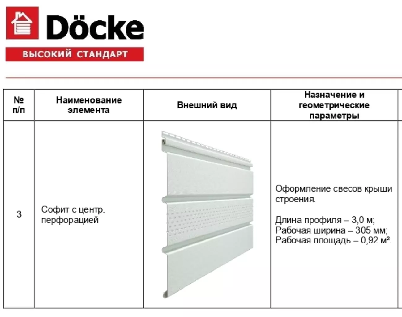 Софит Docke STANDARD с центральной перфорацией, пломбир, 3.050x0.305 м