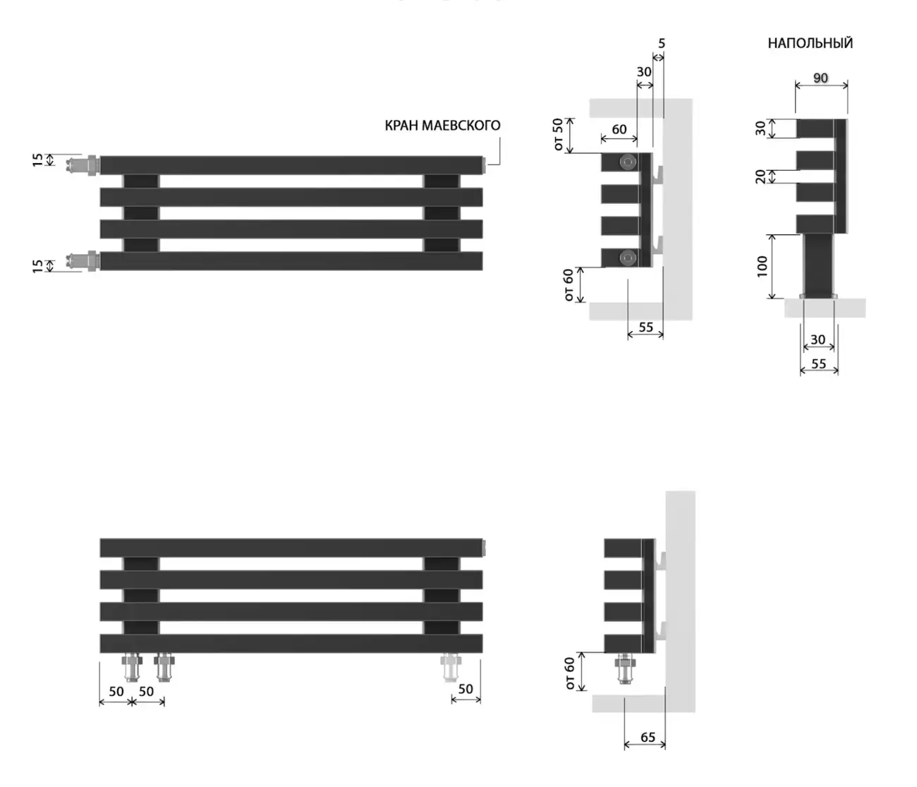 Горизонтальный радиатор WarmMet Round H 42, 750-11 секций, 542 мм, 1002 Вт