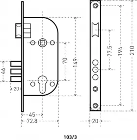 Замок врезной с ручкой Аллюр 103/3 GP 70 мм, 3 ригеля, латунь