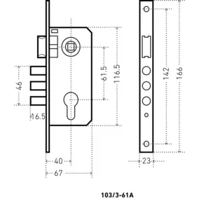 Замок врезной с ручкой Аллюр 103/3-61A AB 61.5 мм, 3 ригеля, старая бронза, малый корпус