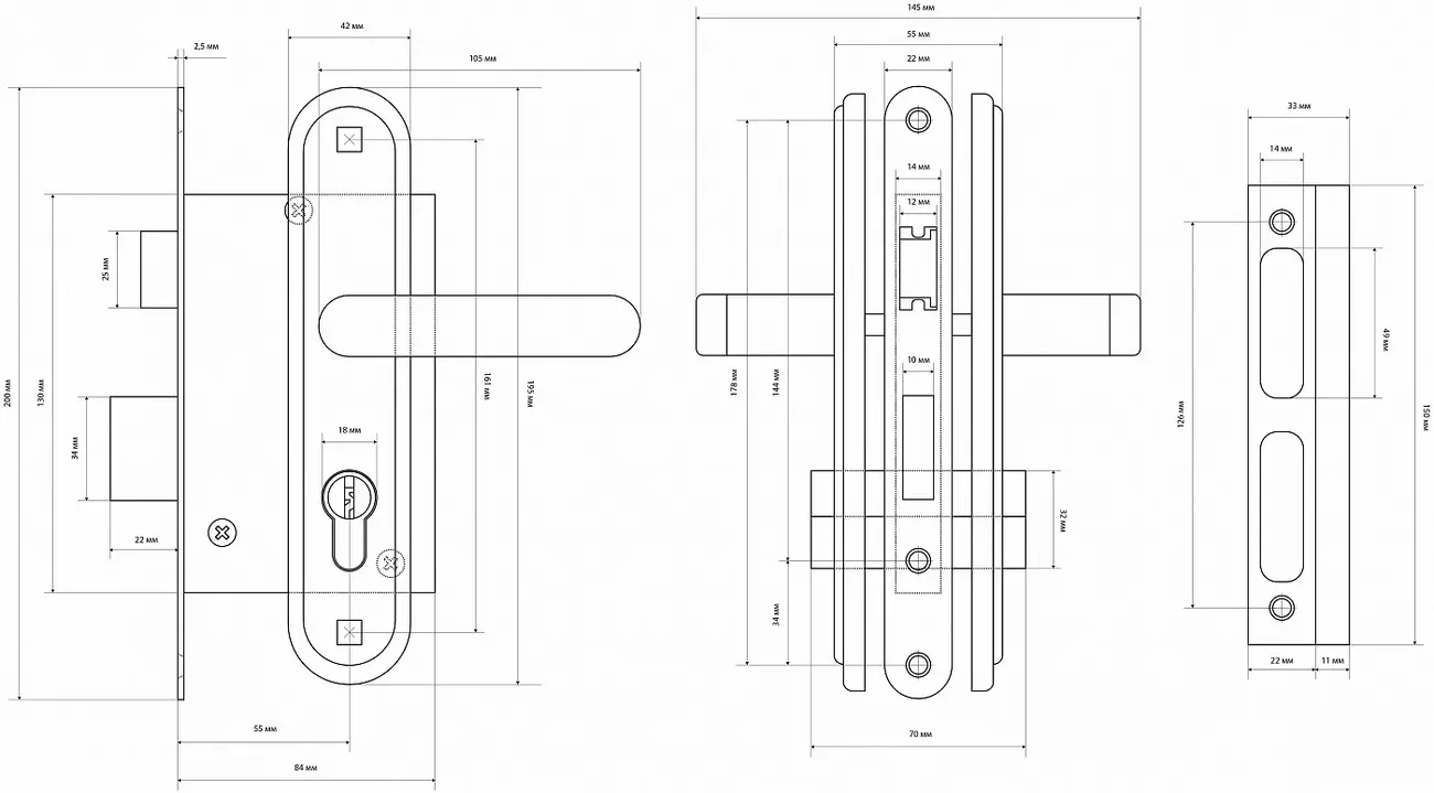 Замок врезной с ручкой Стандарт ЗВ4-7.04С 55 мм, 1 ригель, золото